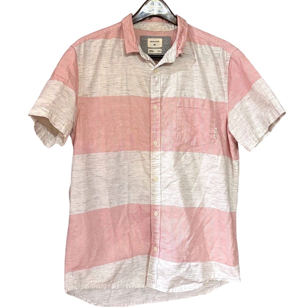 Quiksilver Mens Red Gray Striped Short Sleeve Button Down Shirt EQYWT03818‎ L